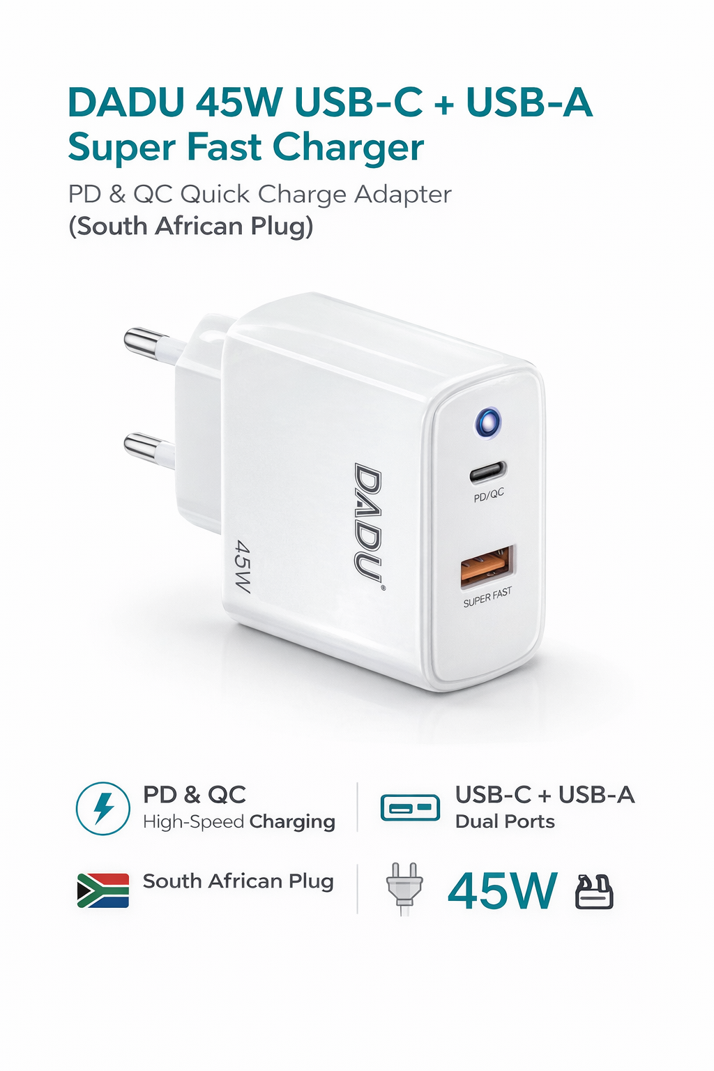 DADU 45W USB-C + USB-A Super Fast Charger (PD & QC) – Dual Port Wall Adapter SA Plug