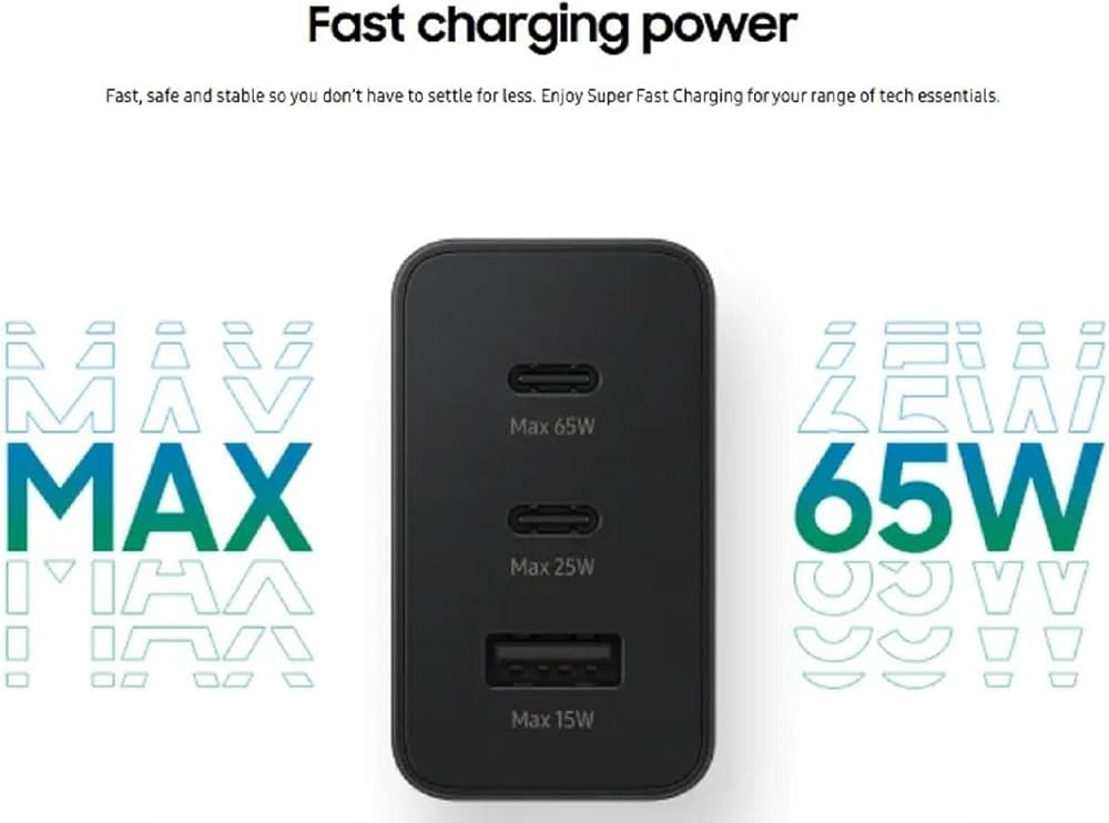 65W PD Power Adapter Trio, 3-Port Wall Charger, 2x USB-C and USB-A, Super Fast Charging, PD 3.0 and PPS, Multi-Device Travel Adapter