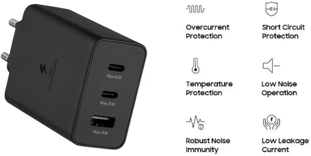 65W PD Power Adapter Trio, 3-Port Wall Charger, 2x USB-C and USB-A, Super Fast Charging, PD 3.0 and PPS, Multi-Device Travel Adapter