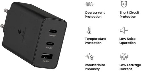 65W PD Power Adapter Trio, 3-Port Wall Charger, 2x USB-C and USB-A, Super Fast Charging, PD 3.0 and PPS, Multi-Device Travel Adapter