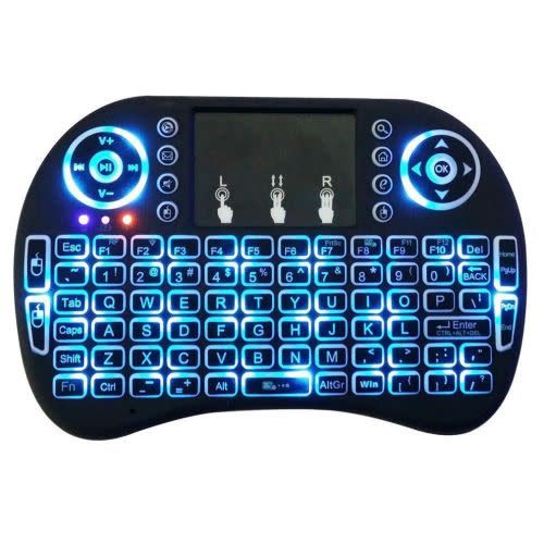 Black keyboard with blue backlighting on a white background