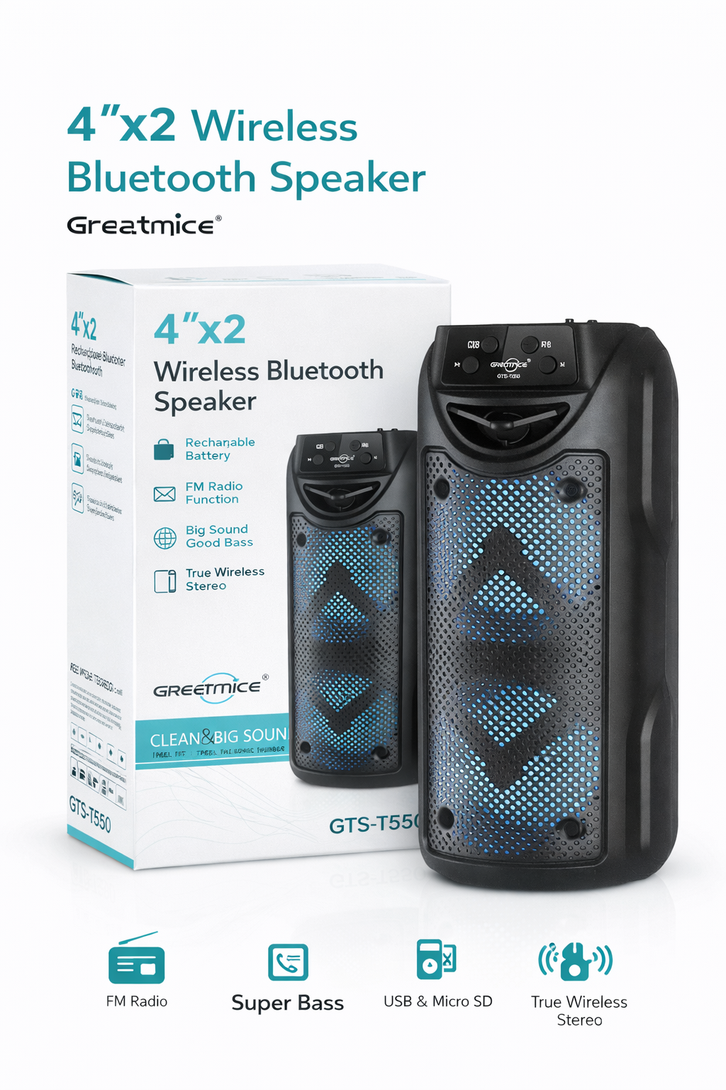 Greatnice GTS-1550 Dual 4” Super Bass Bluetooth Speaker (FM + USB + TWS)