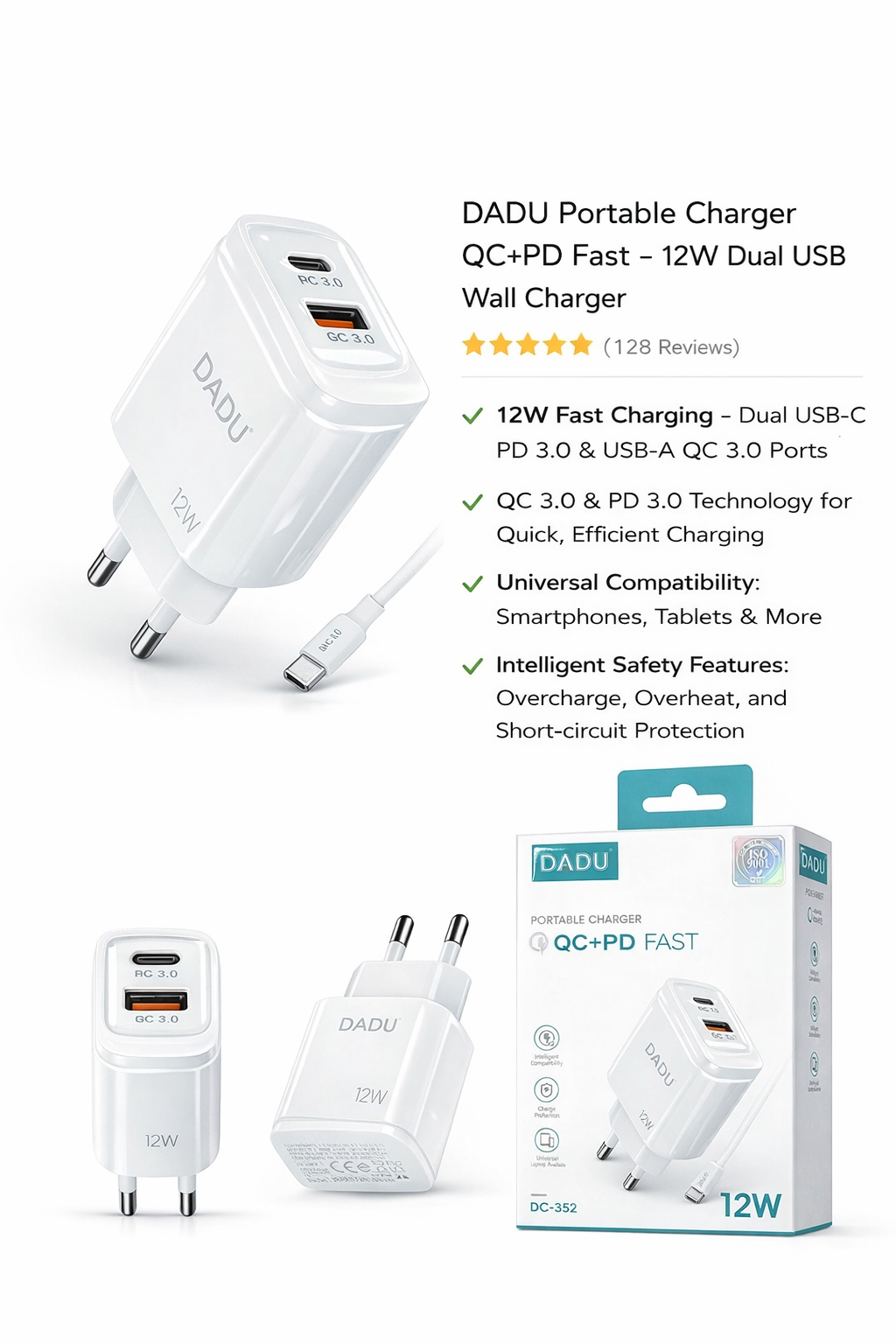 12W Dual USB Fast Wall Charger – USB-C PD & USB-A QC Charging Adapter (EU Plug)