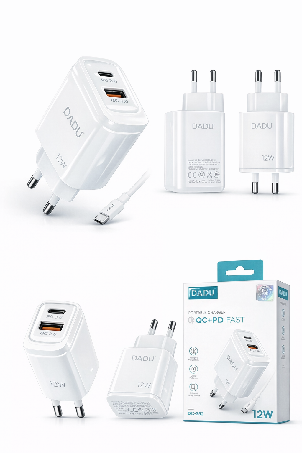 12W Dual USB Fast Wall Charger – USB-C PD & USB-A QC Charging Adapter (EU Plug)