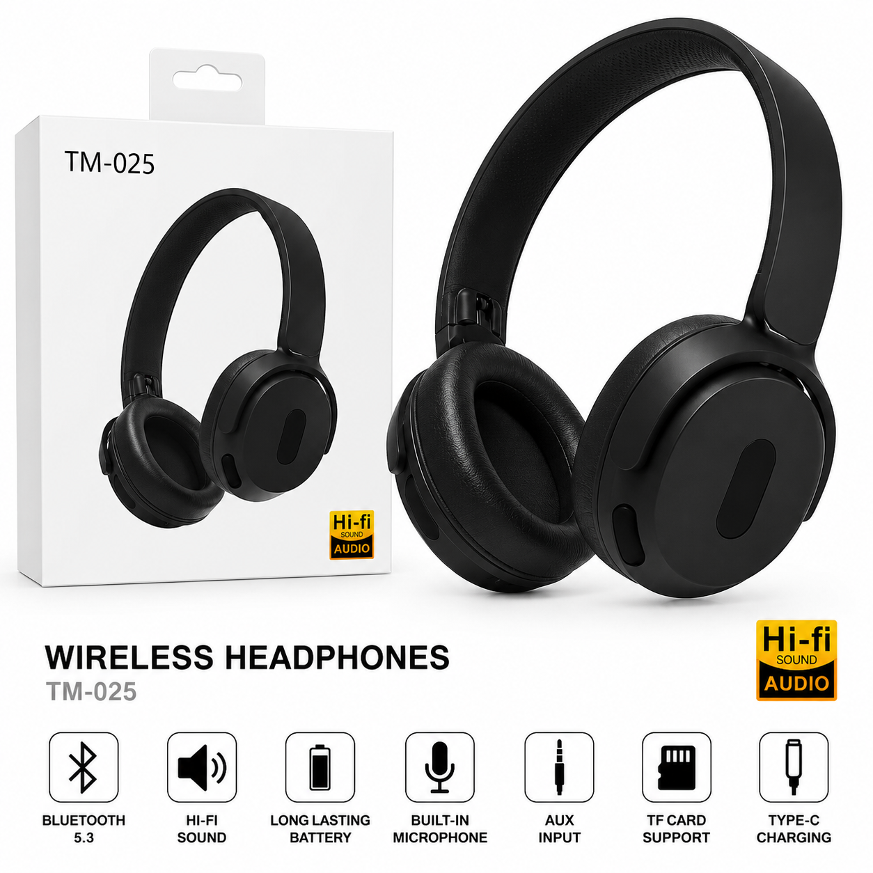 TM-025 Wireless Bluetooth 5.3 Headphones – 40-Hour Playtime