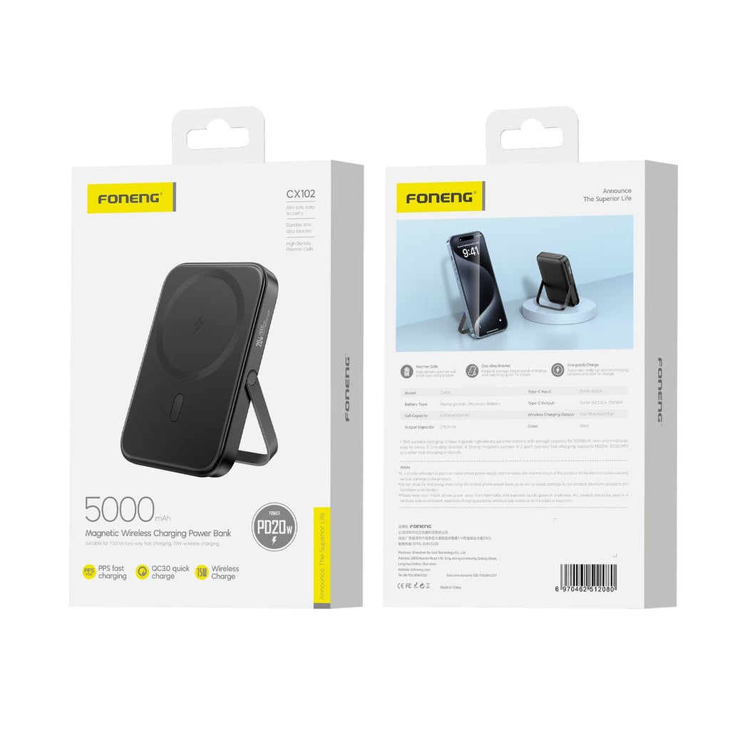 FONENG CX102 5000mAh magnetic wireless power bank packaging