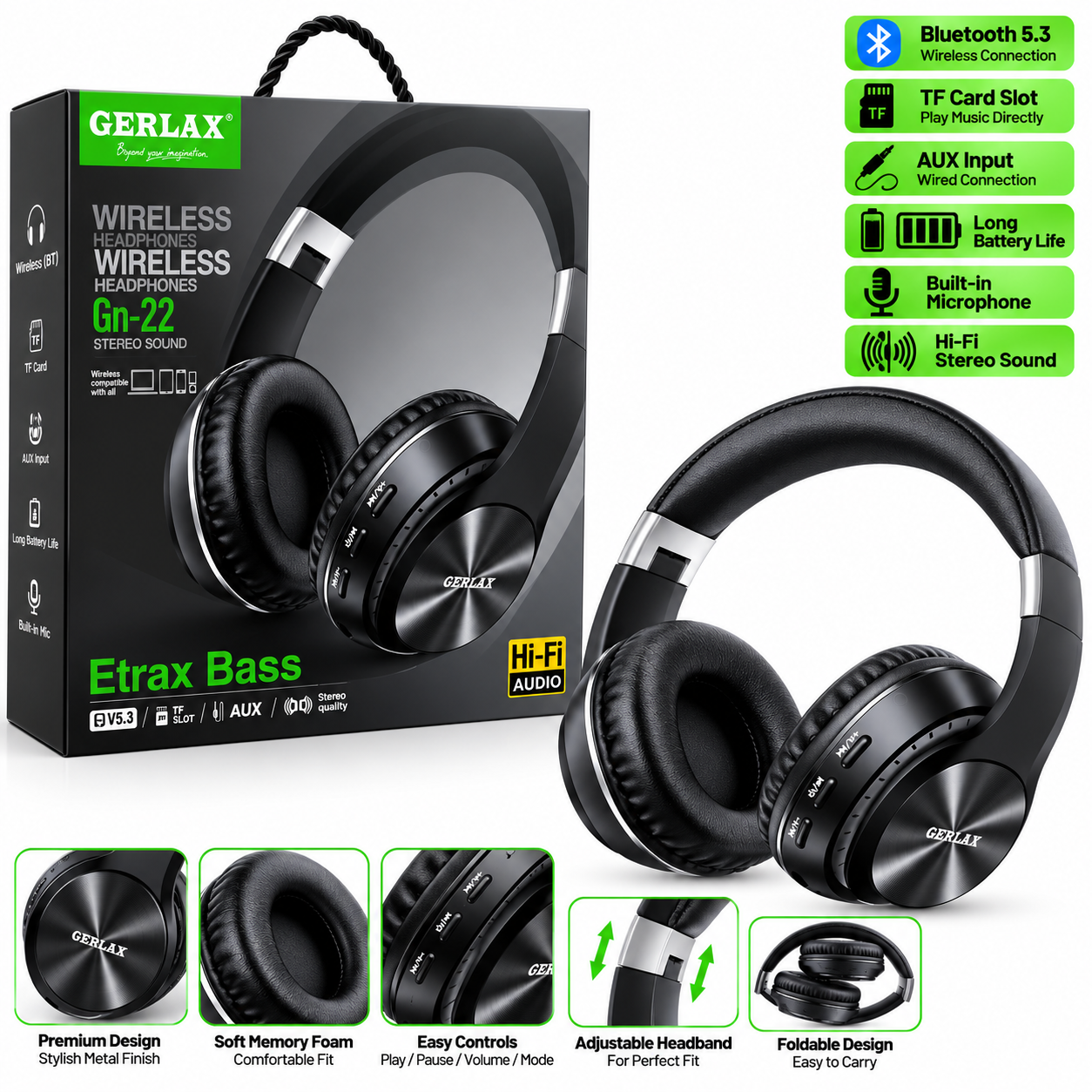 GERLAX GH-22 Etrax Bass wireless headphones with retail packaging on white background