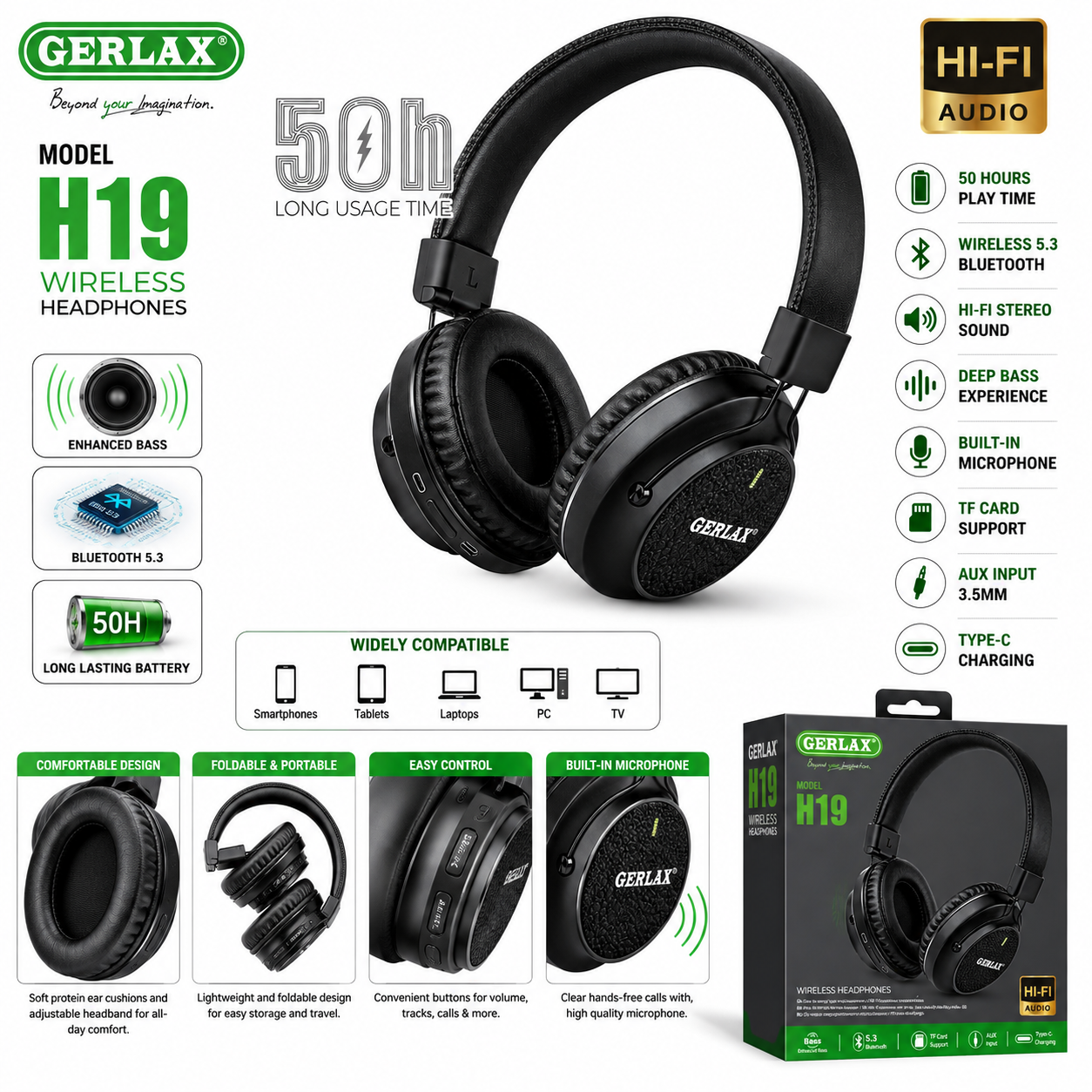 GERLAX H19 wireless headphones infographic with 50-hour battery, Bluetooth 5.3 and Hi-Fi audio