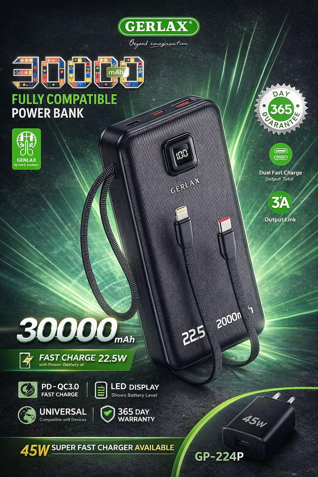 GERLAX 20000mAh 22.5W Fast Charge Power Bank – Dual Cable Built-In – GP-224P