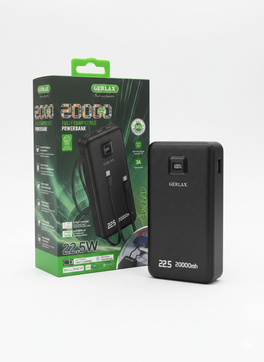 GERLAX 20000mAh 22.5W Fast Charge Power Bank – Dual Cable Built-In – GP-224P