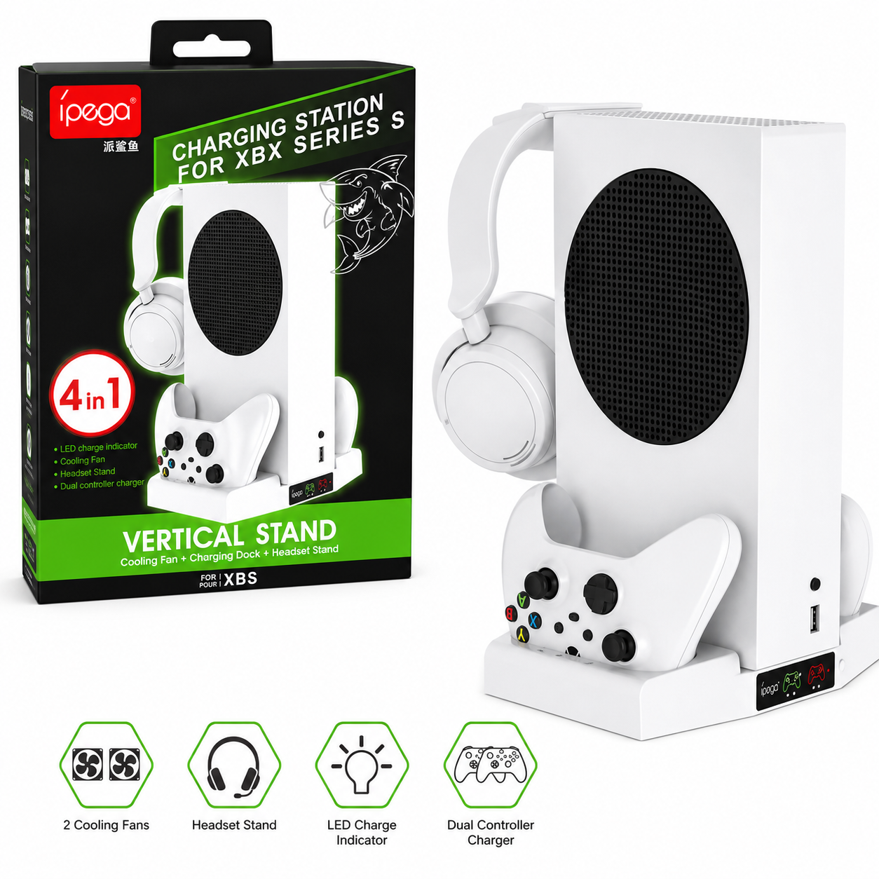 iPega 4-in-1 vertical charging station for Xbox Series S with cooling fans, headset stand and dual controller charger