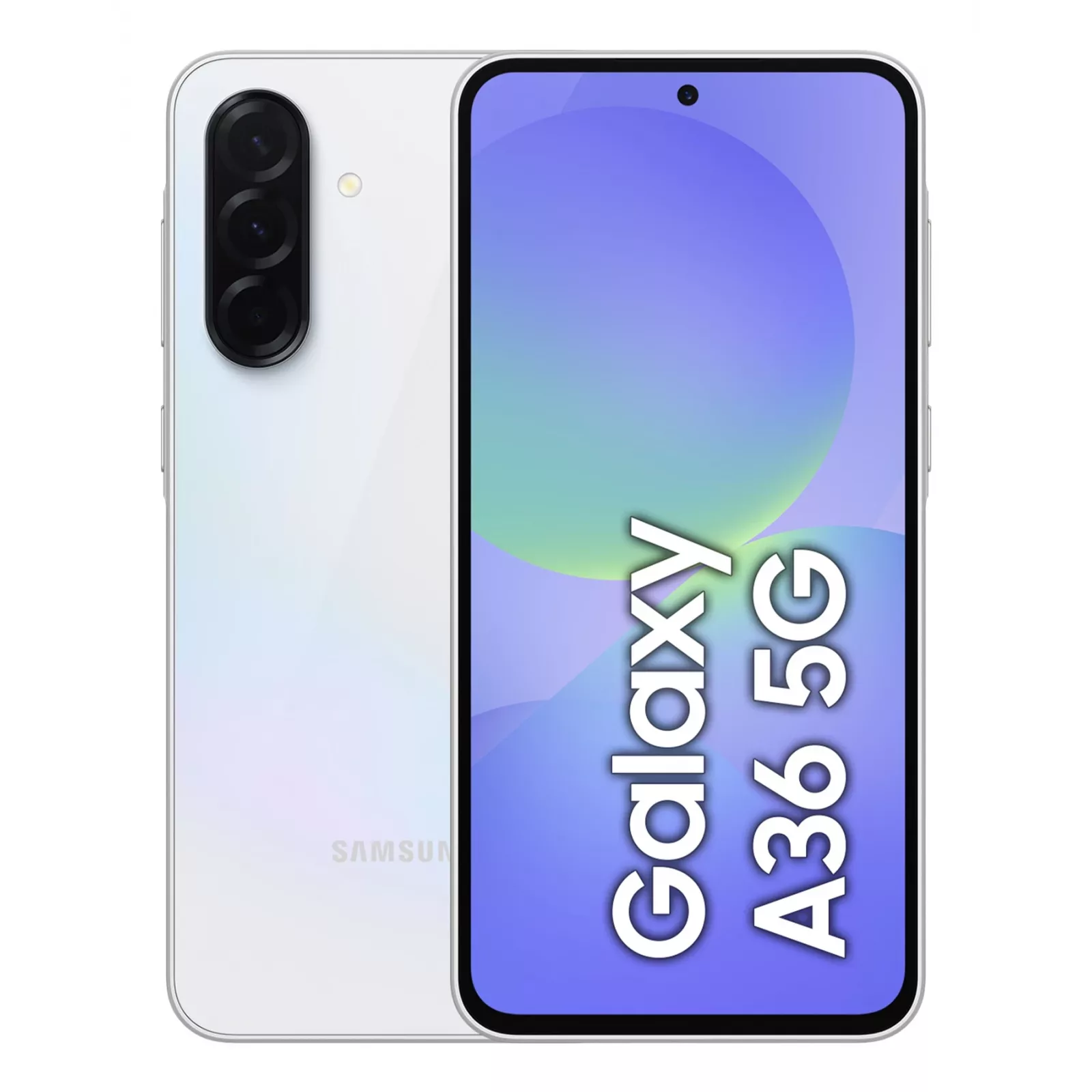 Samsung Galaxy A36 5G in Awesome Lavender, front and back