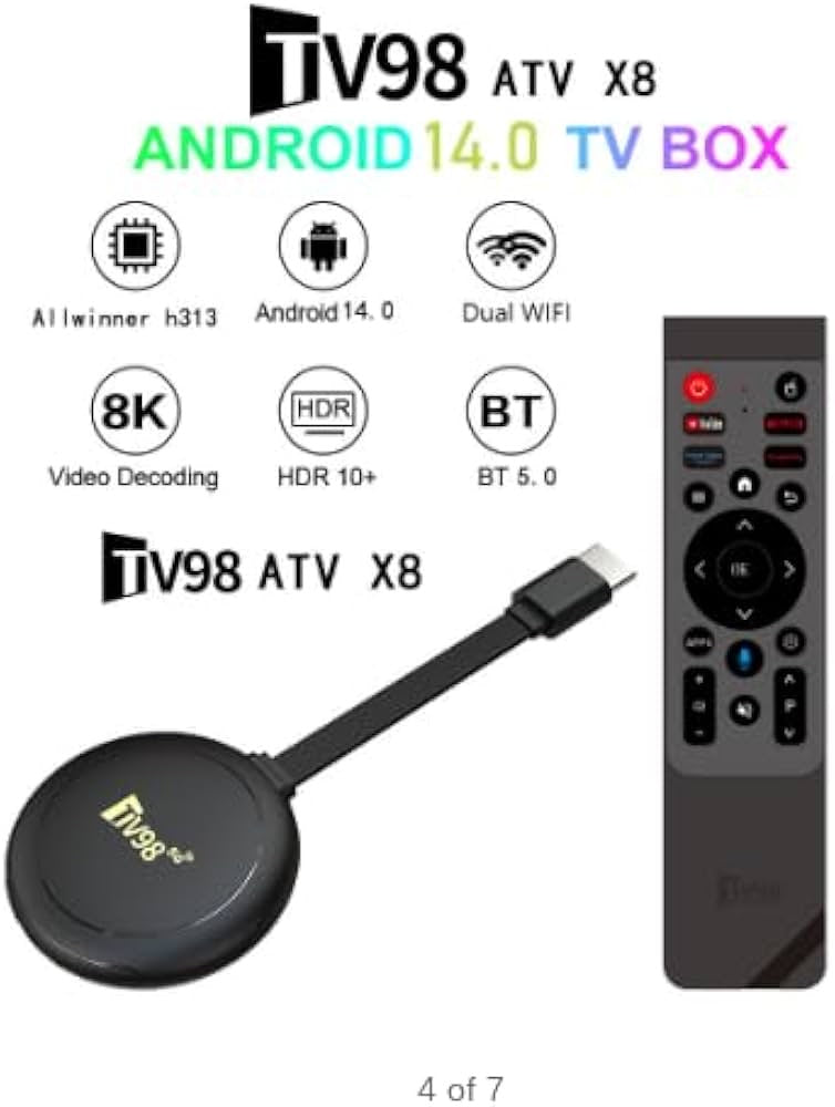 TV98 ATV X8 Android TV stick specifications Android 14 dual WiFi Bluetooth 5.0 and 8K