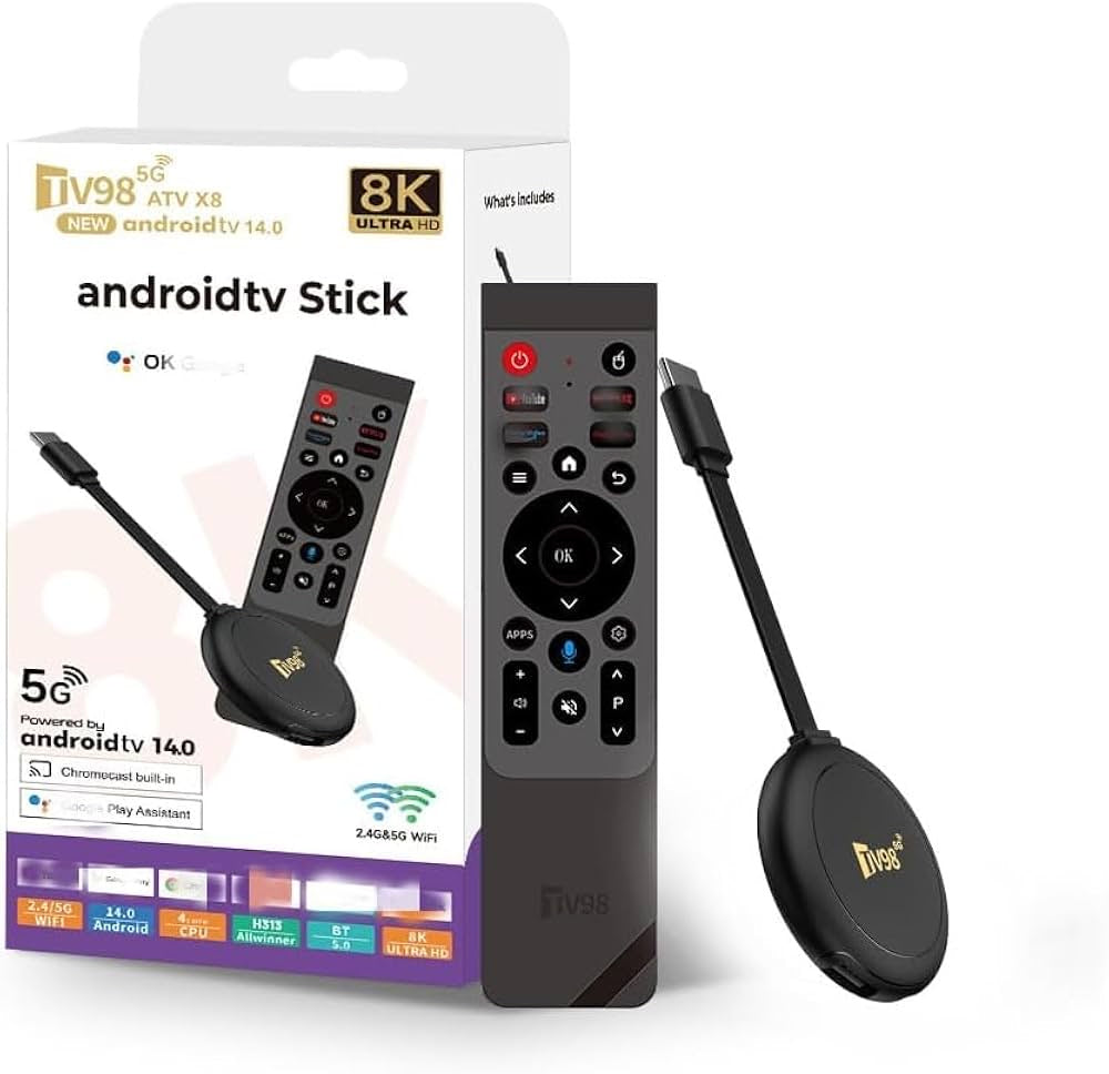 TV98 ATV X8 Android 14 smart TV stick with voice remote and power adapter